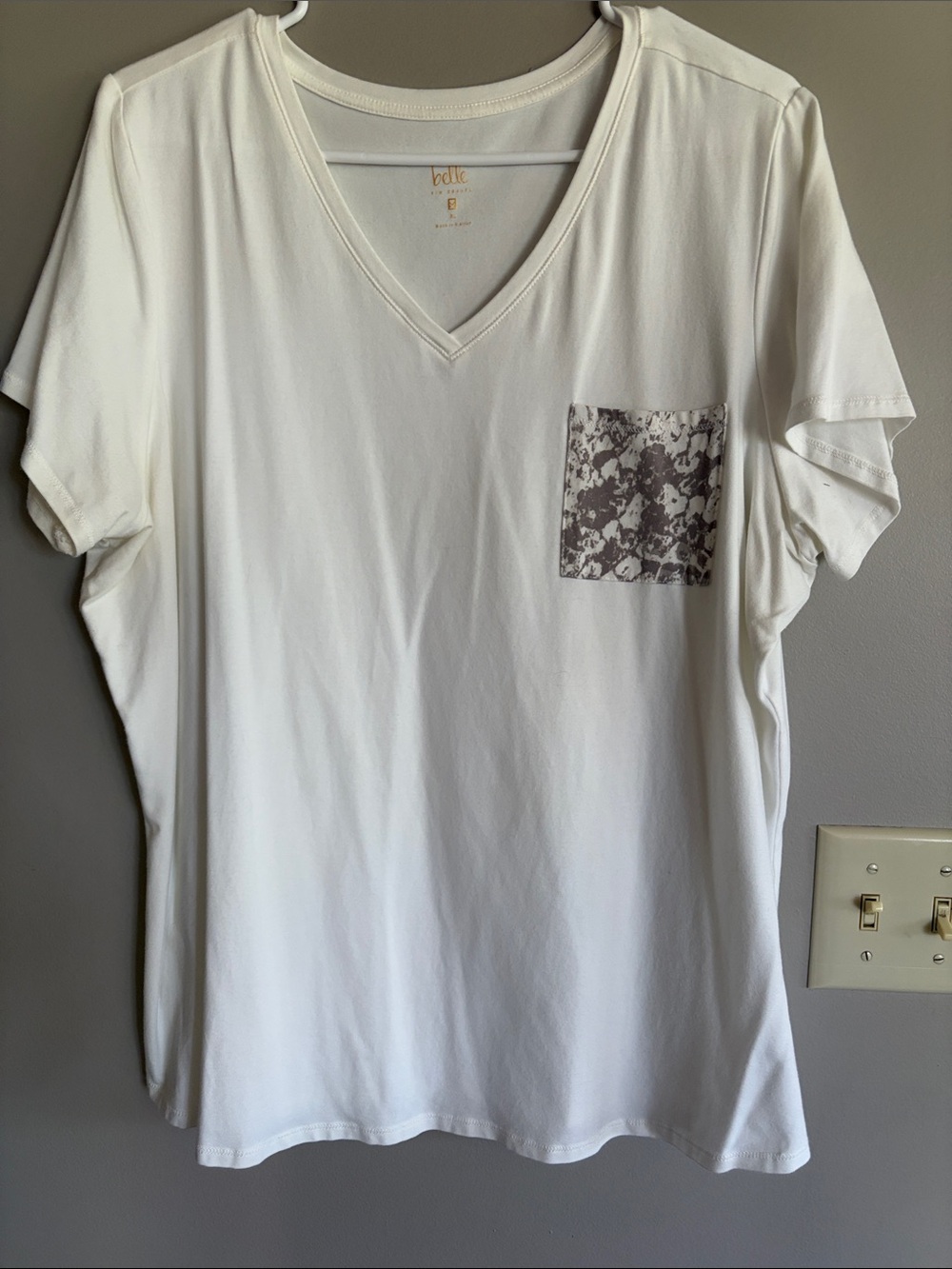 Belle by Kim Gravel Ivory V-Neck Tee with Taupe Pattern Pocket